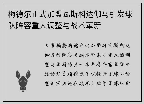 梅德尔正式加盟瓦斯科达伽马引发球队阵容重大调整与战术革新 梅德尔正式加盟瓦斯科达伽马引发球队阵容重大调整与战术革新